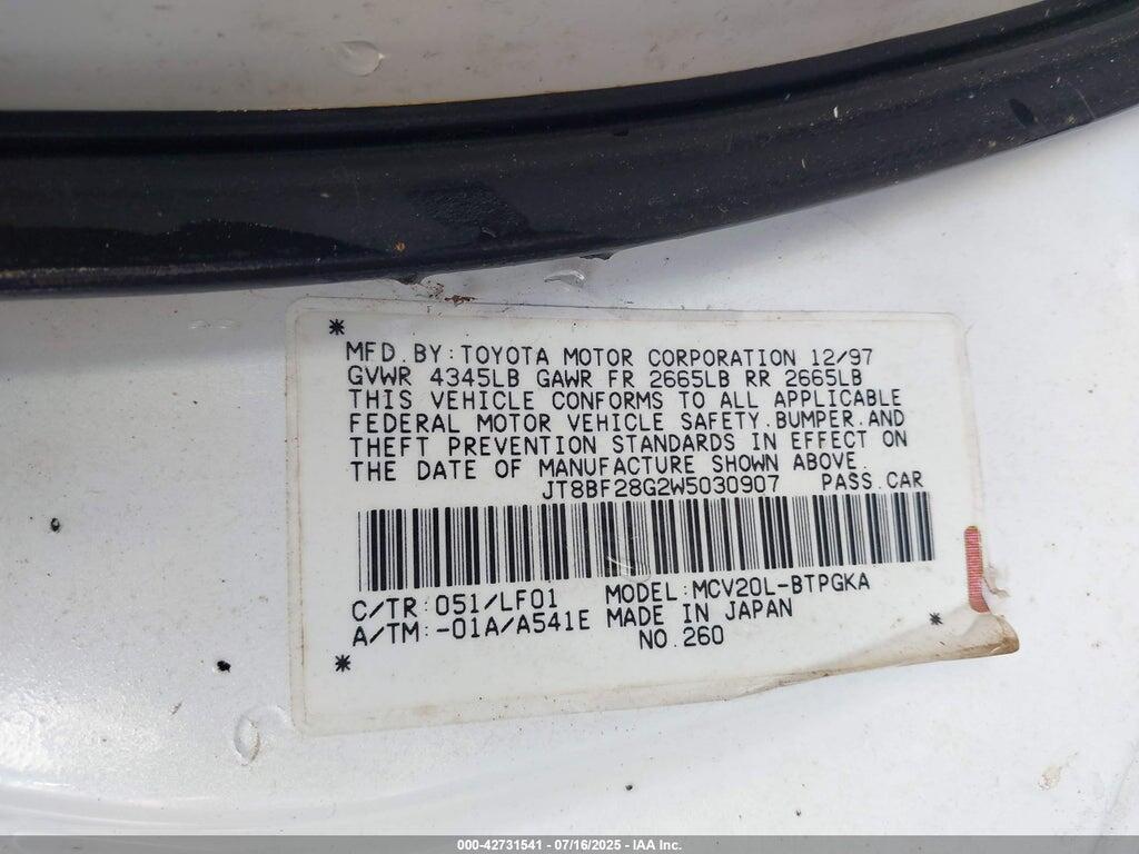 JT8BF28G2W5030907 1998 LEXUS ES 300 photo no. 9