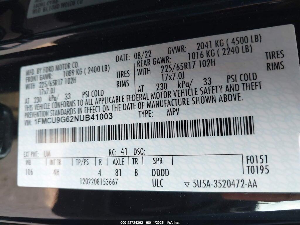 1FMCU9G62NUB41003 2022 FORD ESCAPE photo no. 9