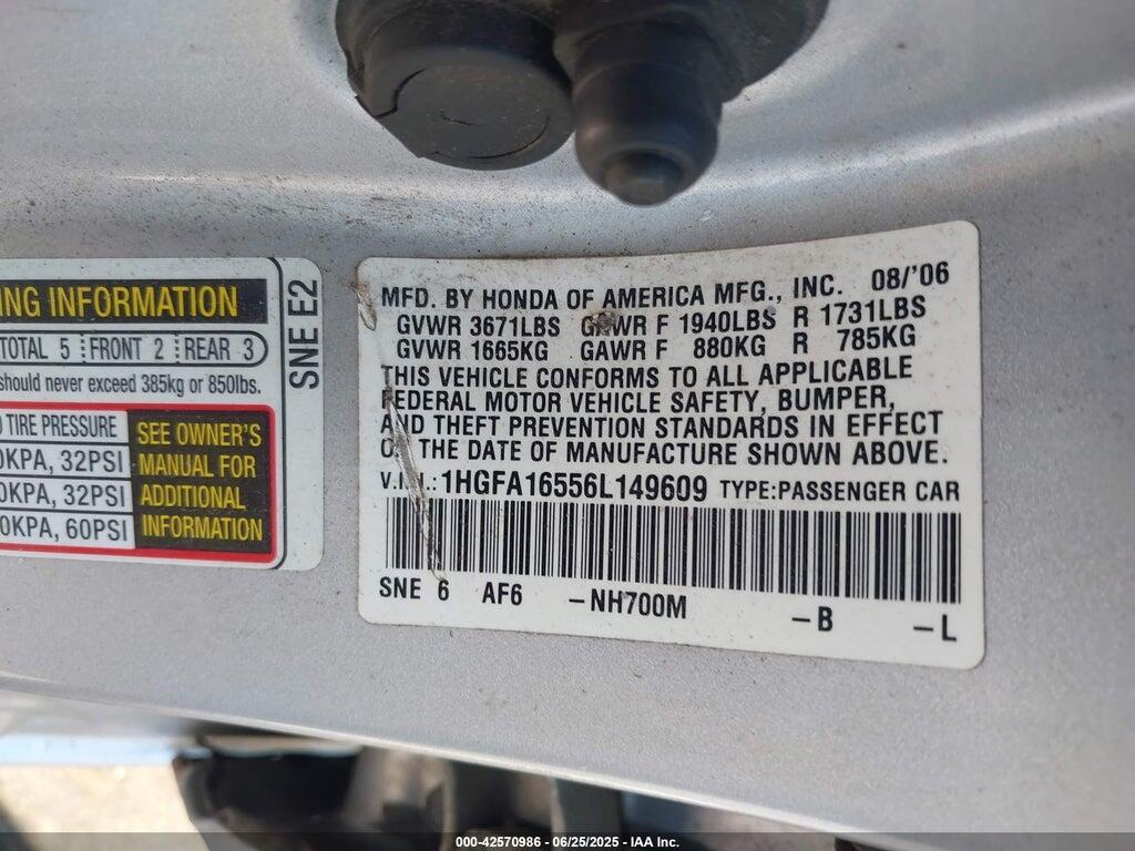 1HGFA16556L149609 2006 HONDA CIVIC photo no. 9