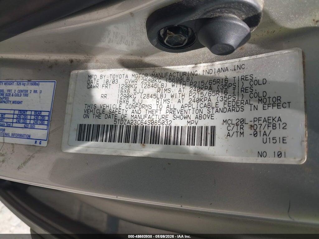 5TDZA23C64S085032 2004 TOYOTA SIENNA photo no. 9