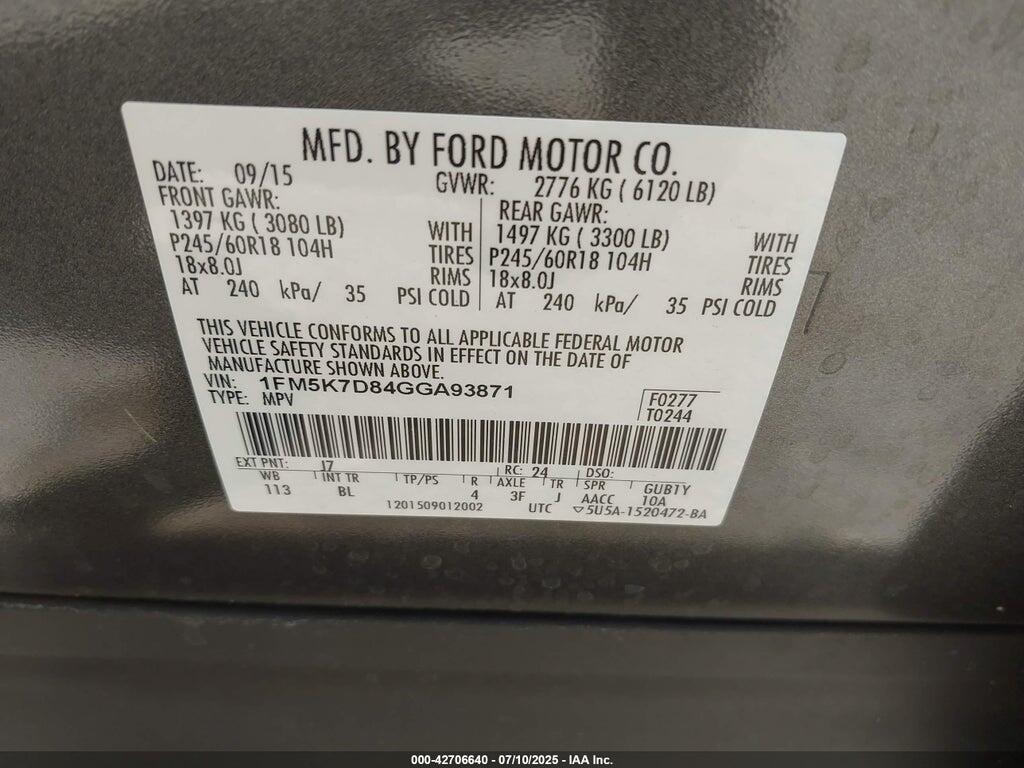 1FM5K7D84GGA93871 2016 FORD EXPLORER photo no. 9