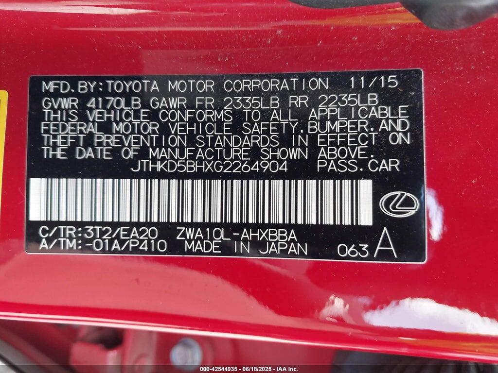 JTHKD5BHXG2264904 2016 LEXUS CT 200H photo no. 9