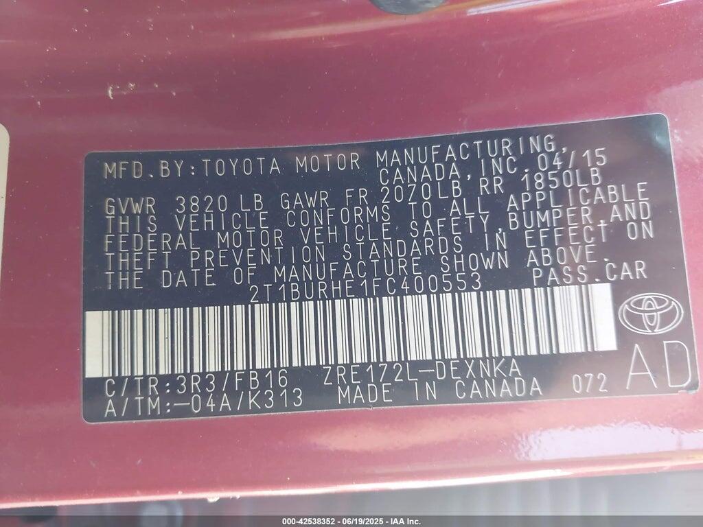 2T1BURHE1FC400553 2015 TOYOTA COROLLA photo no. 9