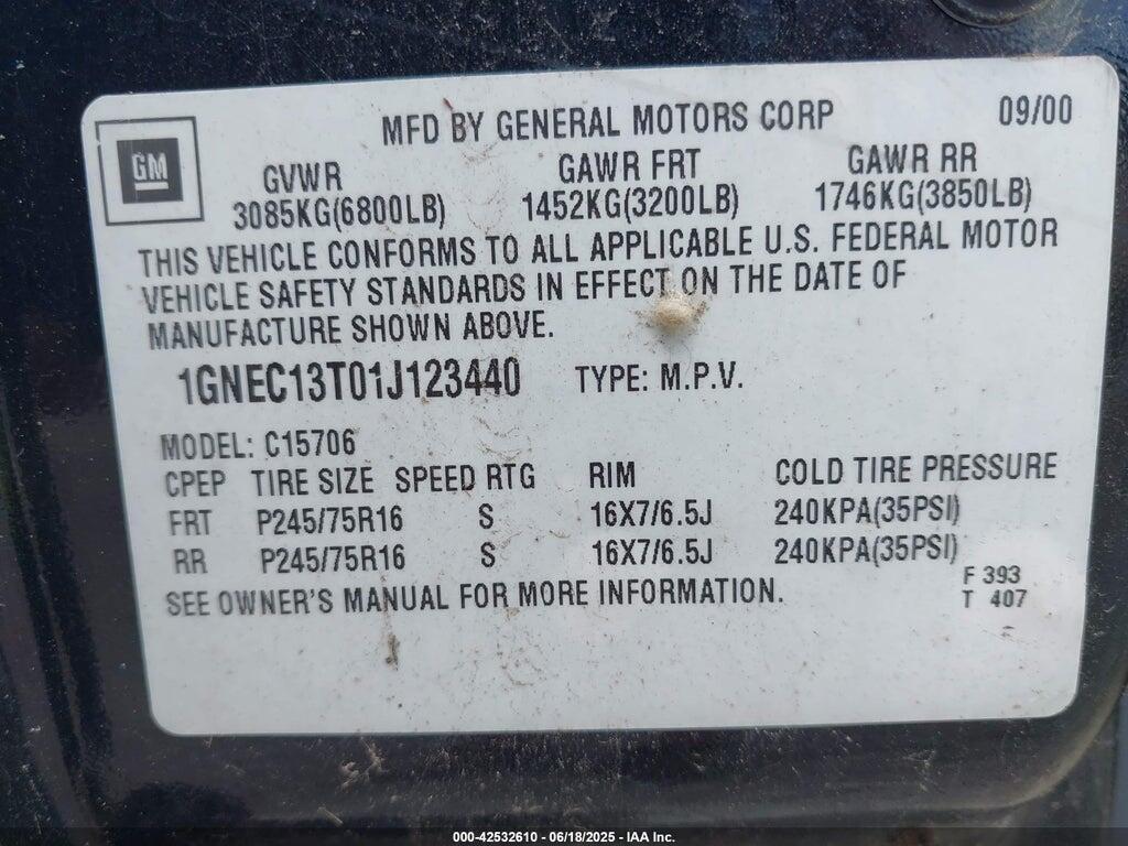 1GNEC13T01J123440 2001 CHEVROLET TAHOE photo no. 9