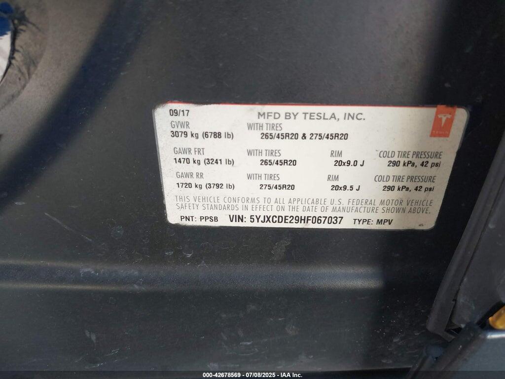 5YJXCDE29HF067037 2017 TESLA MODEL X photo no. 9