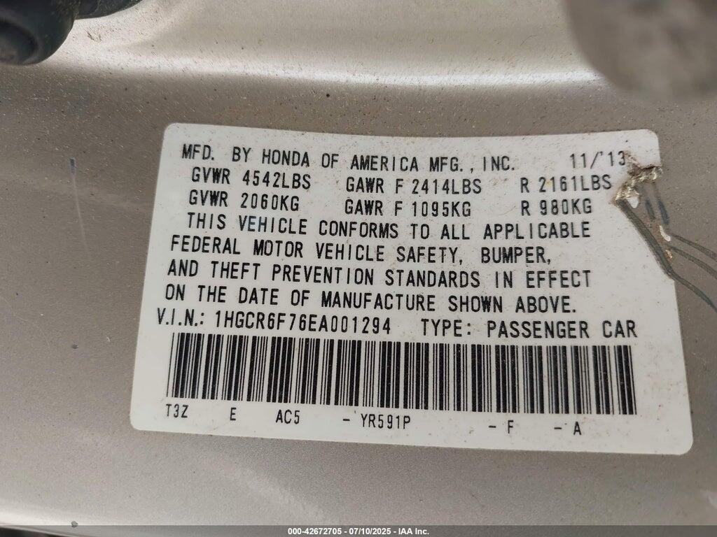 1HGCR6F76EA001294 2014 HONDA ACCORD HYBRID photo no. 9