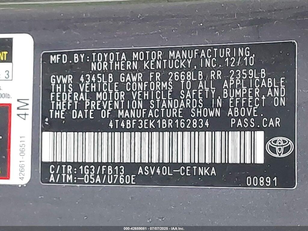 4T4BF3EK1BR162834 2011 TOYOTA CAMRY photo no. 9