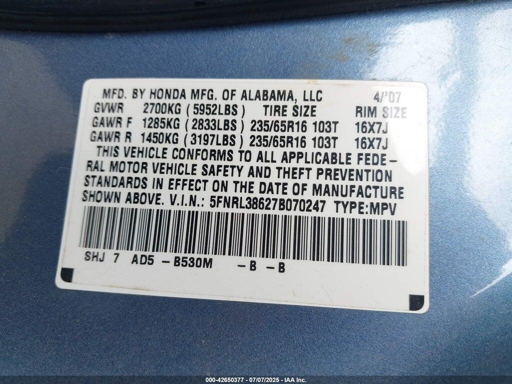 5FNRL38627B070247 2007 HONDA ODYSSEY photo no. 9