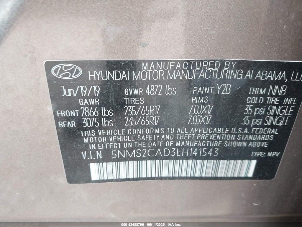 5NMS2CAD3LH141543 2020 HYUNDAI SANTA FE photo no. 9