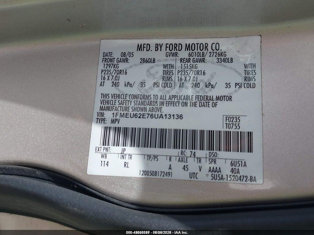 1FMEU62E76UA13136 2006 FORD EXPLORER photo no. 9