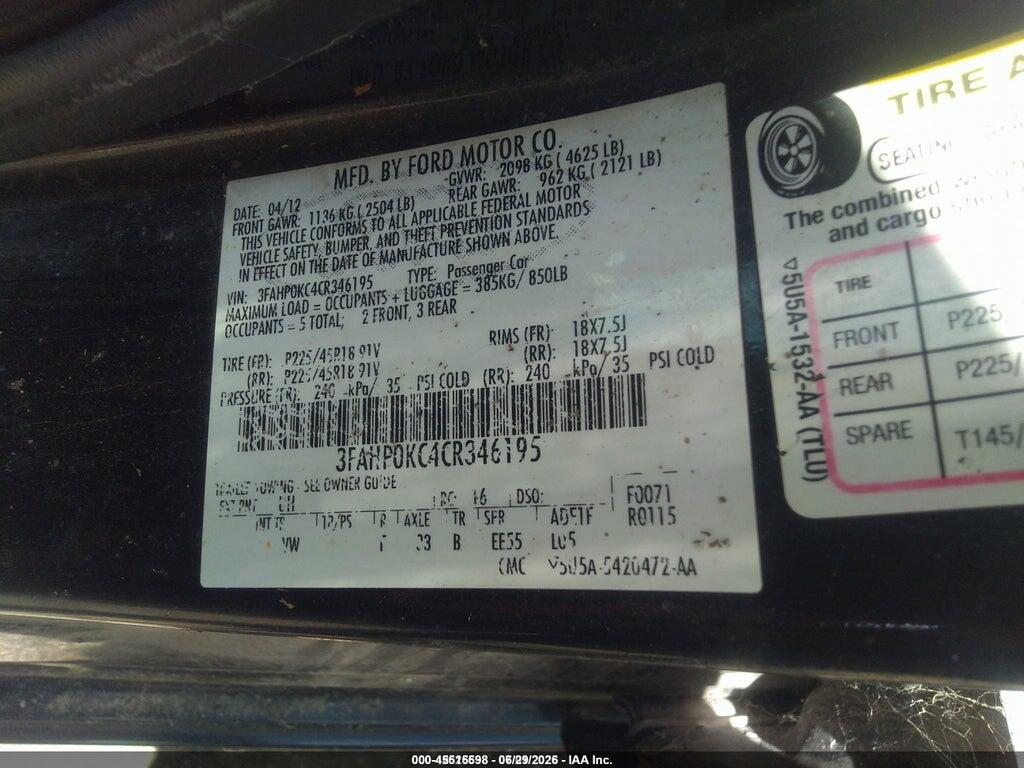3FAHP0KC4CR346195 2012 FORD FUSION photo no. 9