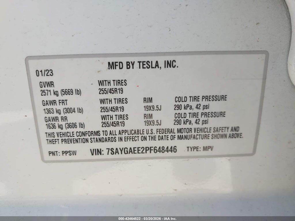 7SAYGAEE2PF648446 2023 TESLA MODEL Y photo no. 9