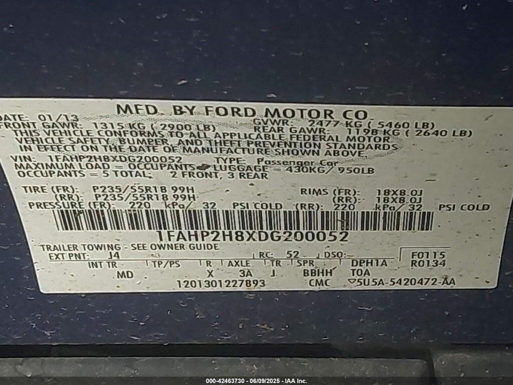 1FAHP2H8XDG200052 2013 FORD TAURUS photo no. 9