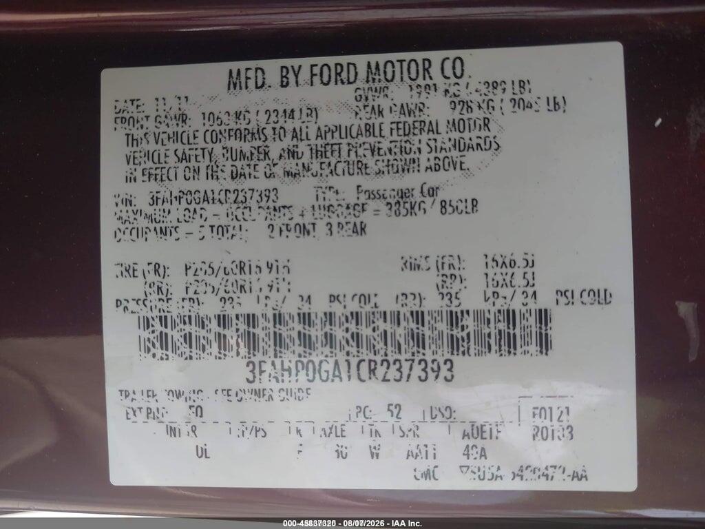 3FAHP0GA1CR237393 2012 FORD FUSION photo no. 9