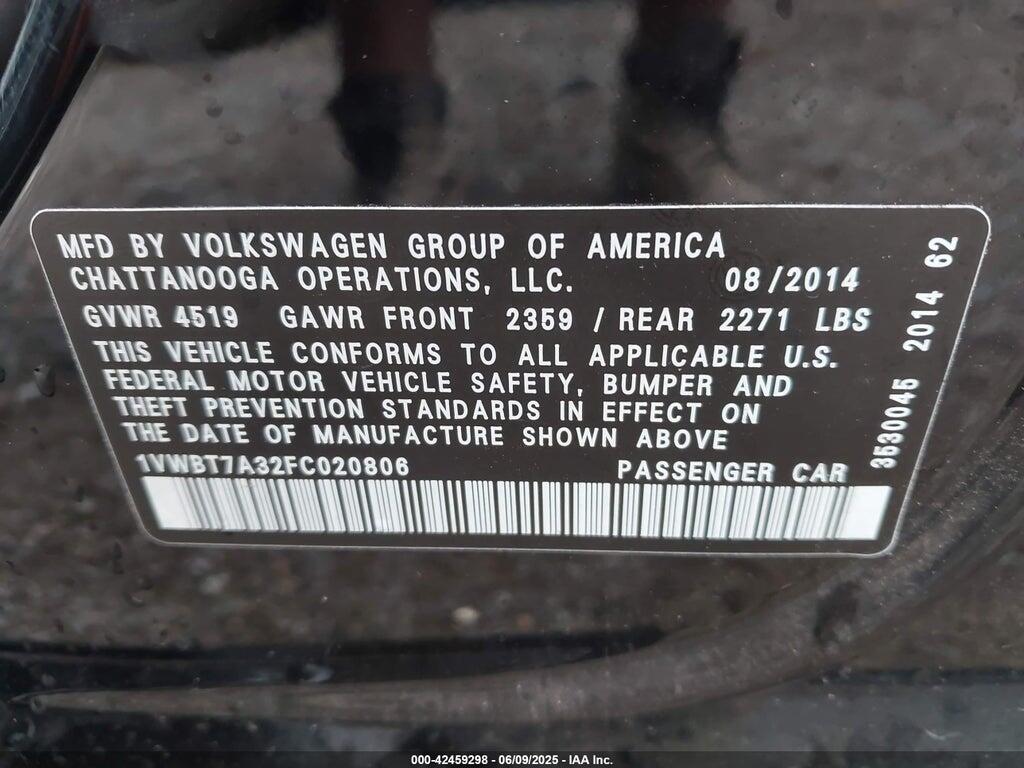 1VWBT7A32FC020806 2015 VOLKSWAGEN PASSAT photo no. 9