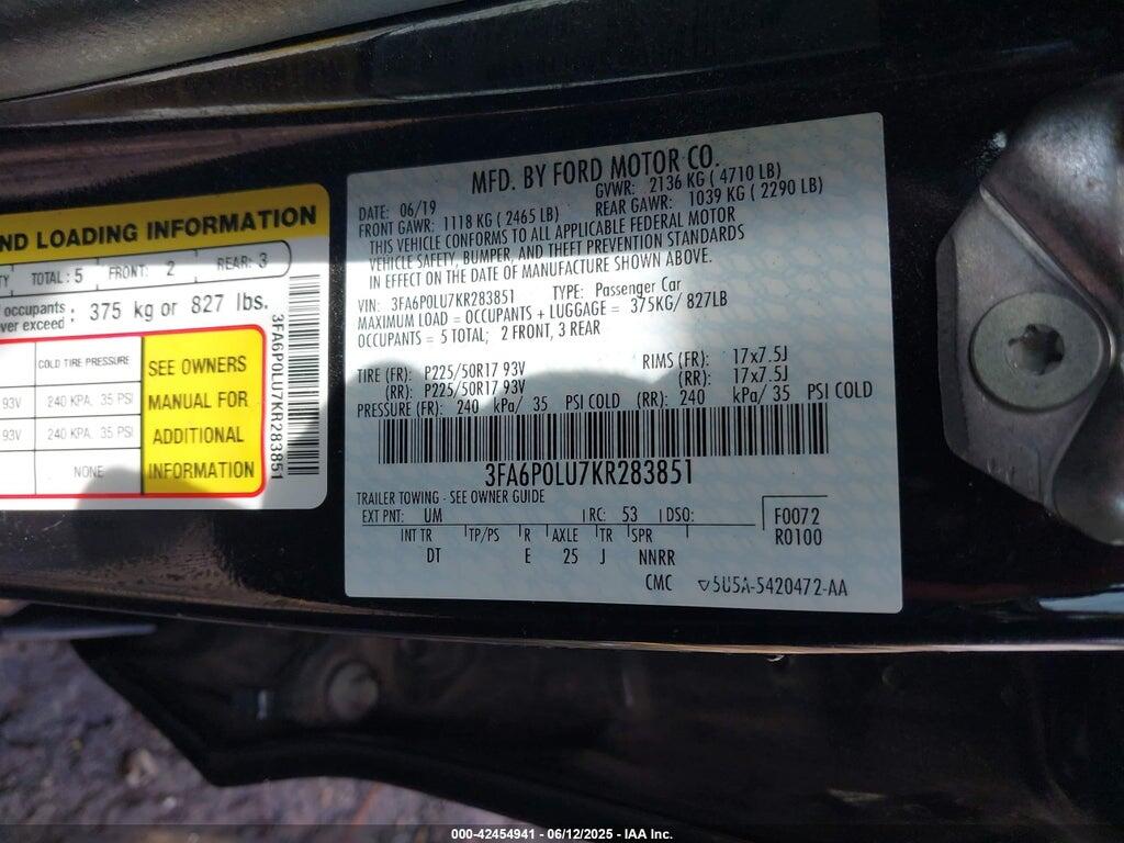3FA6P0LU7KR283851 2019 FORD FUSION HYBRID photo no. 9
