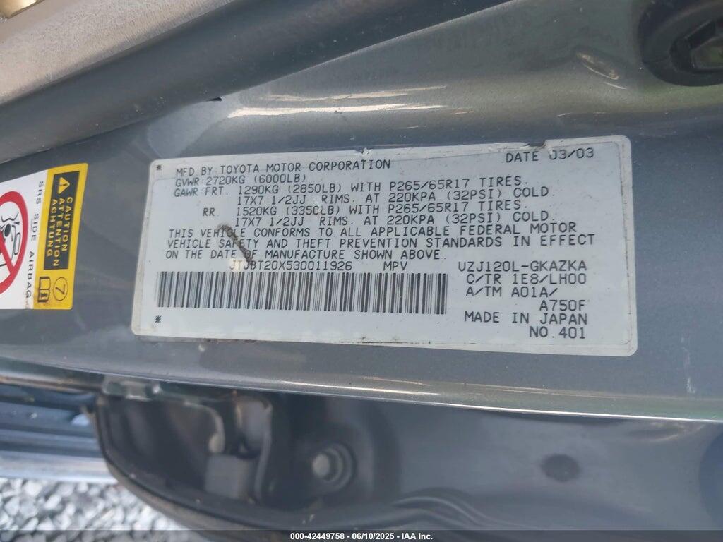 JTJBT20X530011926 2003 LEXUS GX 470 photo no. 9