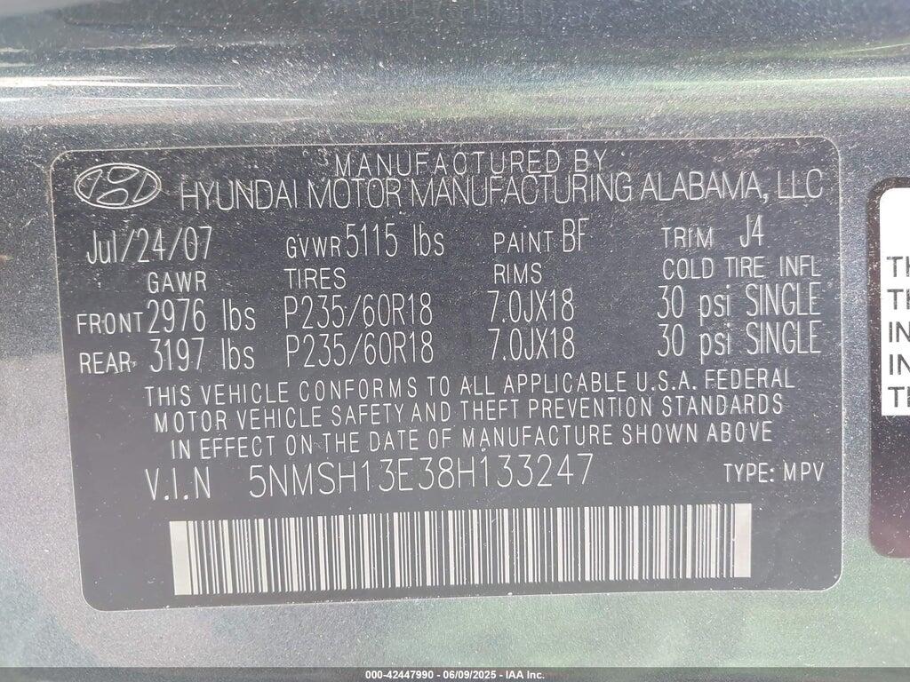 5NMSH13E38H133247 2008 HYUNDAI SANTA FE photo no. 9