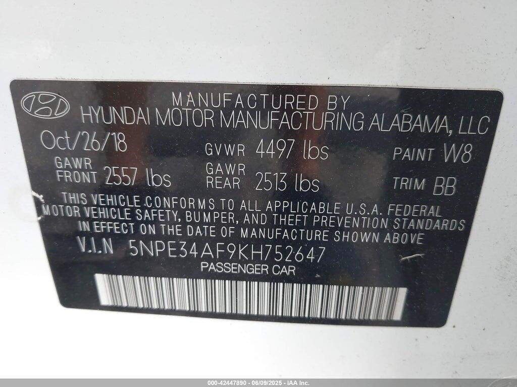 5NPE34AF9KH752647 2019 HYUNDAI SONATA photo no. 9