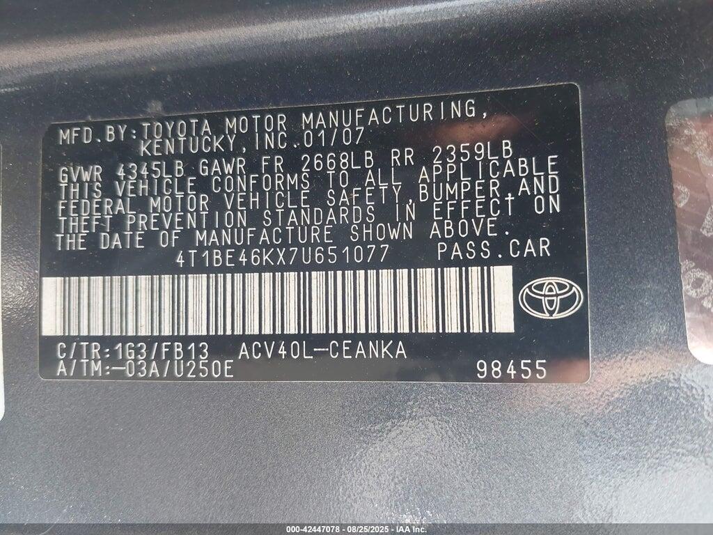 4T1BE46KX7U651077 2007 TOYOTA CAMRY photo no. 9