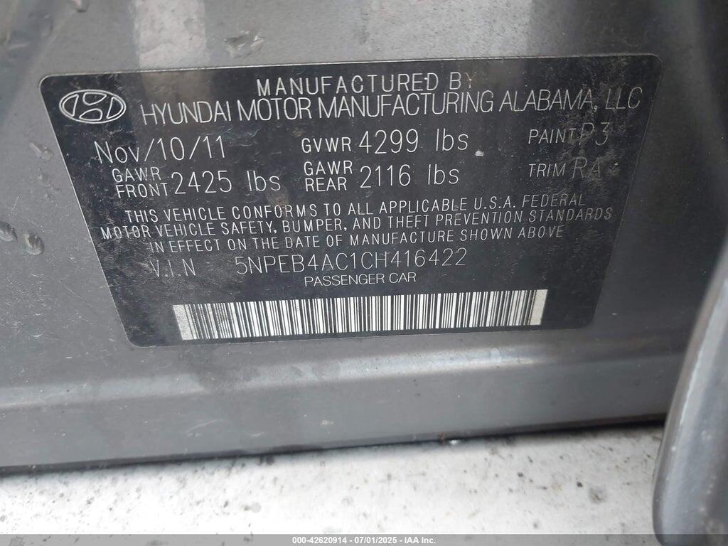 5NPEB4AC1CH416422 2012 HYUNDAI SONATA photo no. 9