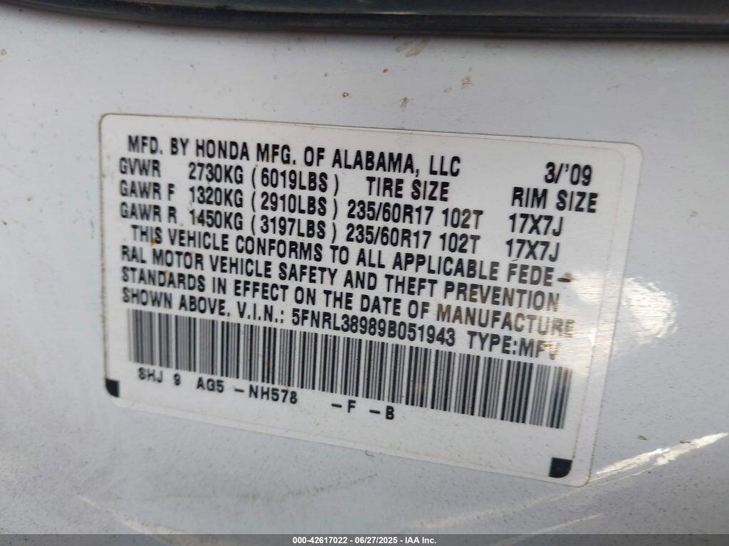5FNRL38989B051943 2009 HONDA ODYSSEY photo no. 9