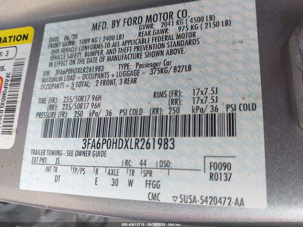 3FA6P0HDXLR261983 2020 FORD FUSION photo no. 9