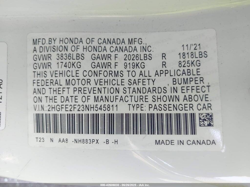 2HGFE2F23NH545811 2022 HONDA CIVIC photo no. 9