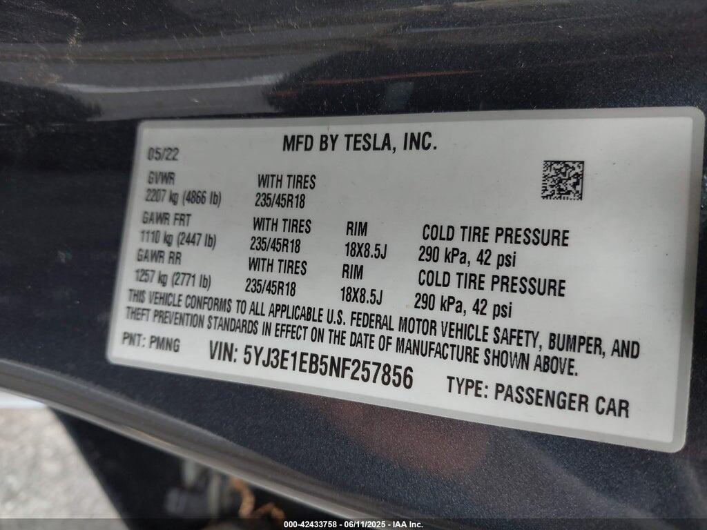 5YJ3E1EB5NF257856 2022 TESLA MODEL 3 photo no. 9