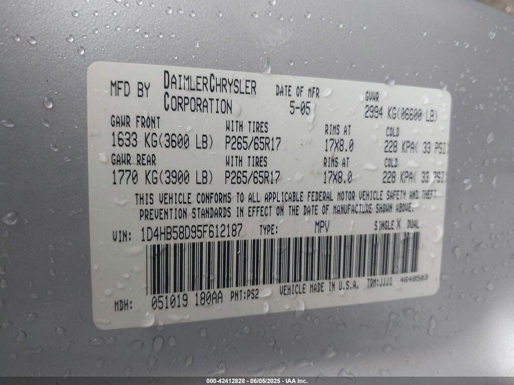 1D4HB58D95F612187 2005 DODGE DURANGO photo no. 9