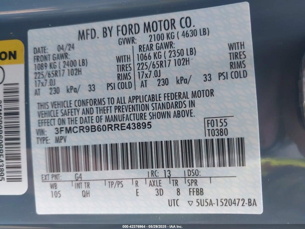 3FMCR9B60RRE43895 2024 FORD BRONCO SPORT photo no. 9