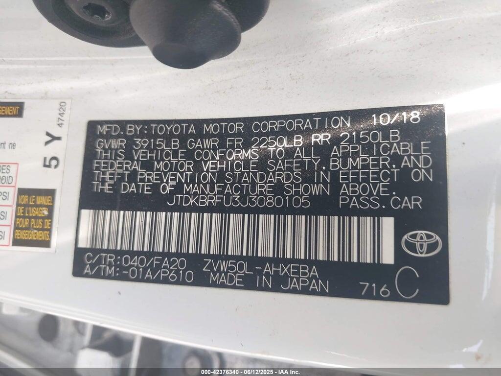 JTDKBRFU3J3080105 2018 TOYOTA PRIUS photo no. 9