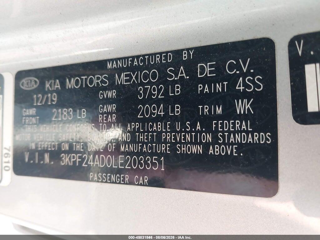 3KPF24AD0LE203351 2020 KIA FORTE photo no. 9