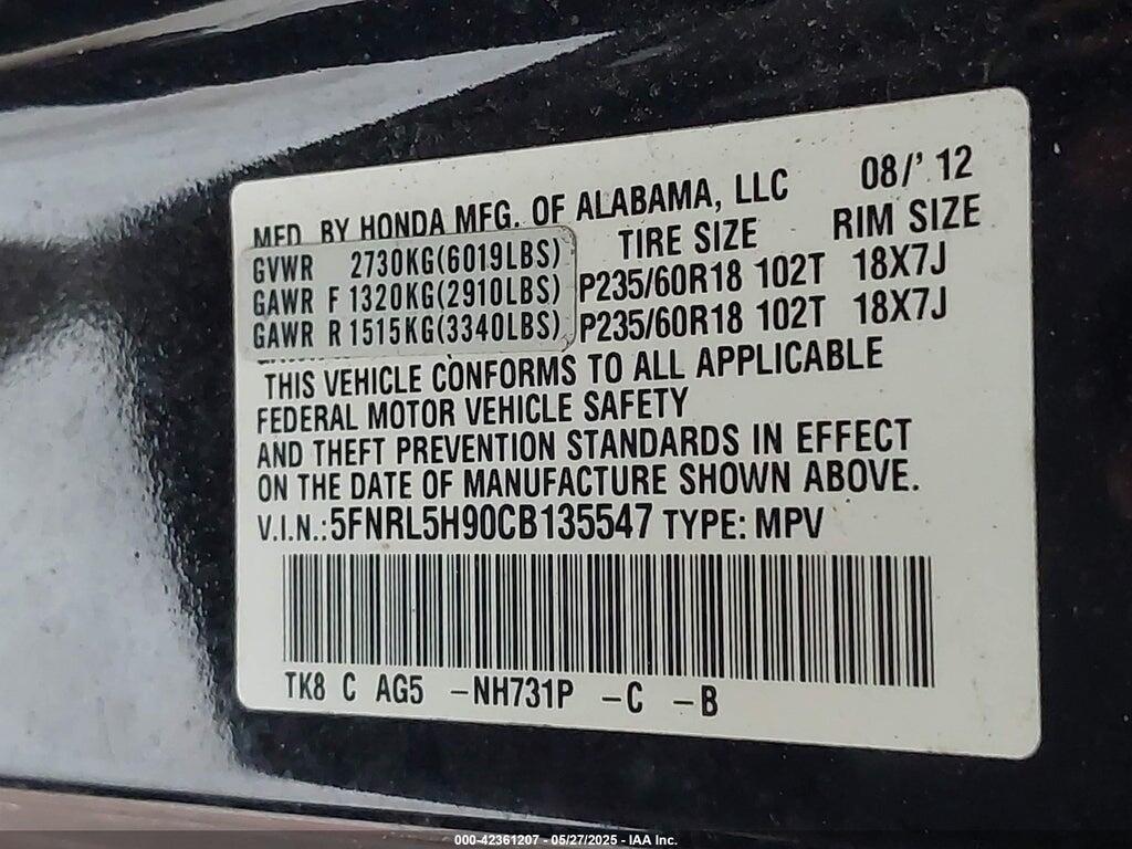 5FNRL5H90CB135547 2012 HONDA ODYSSEY photo no. 9