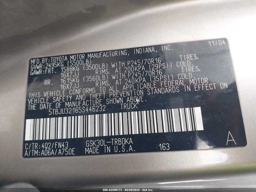 5TBJU32165S446232 2005 TOYOTA TUNDRA photo no. 9