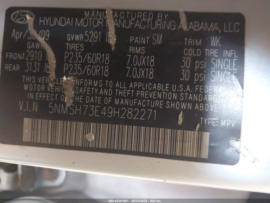 5NMSH73E49H282271 2009 HYUNDAI SANTA FE photo no. 9