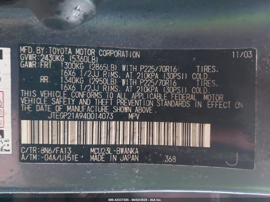 JTEGP21A940014073 2004 TOYOTA HIGHLANDER photo no. 9