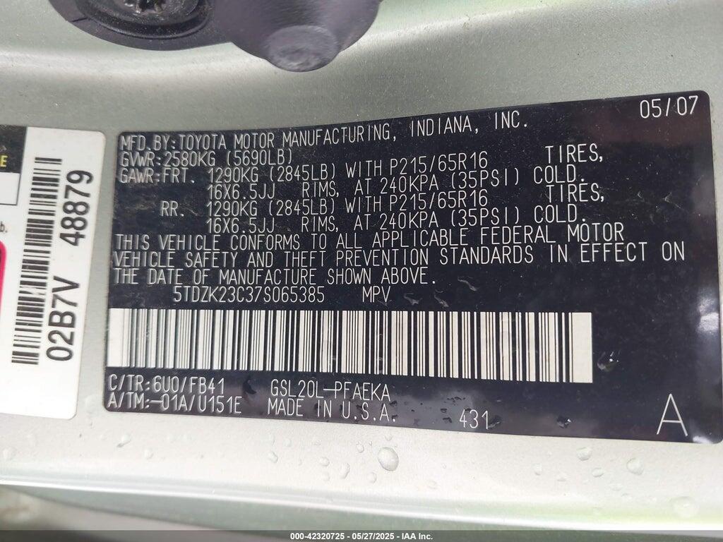 5TDZK23C37S065385 2007 TOYOTA SIENNA photo no. 9