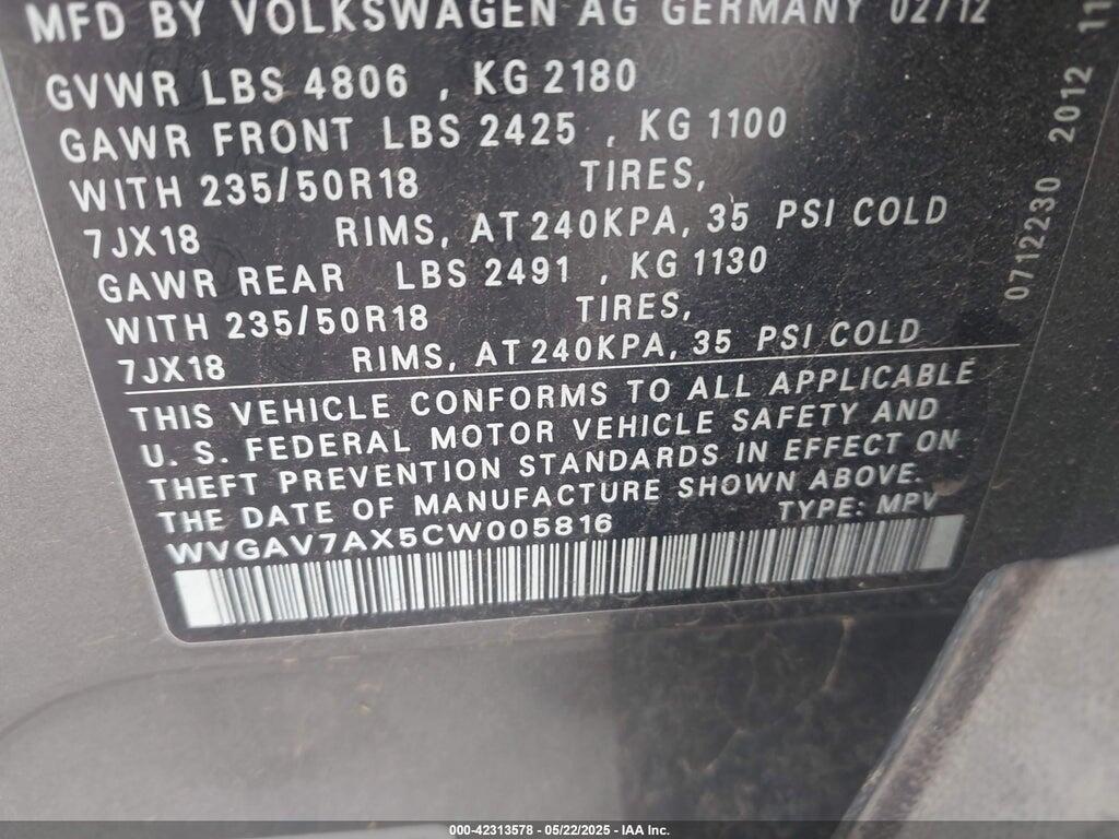 WVGAV7AX5CW005816 2012 VOLKSWAGEN TIGUAN photo no. 9