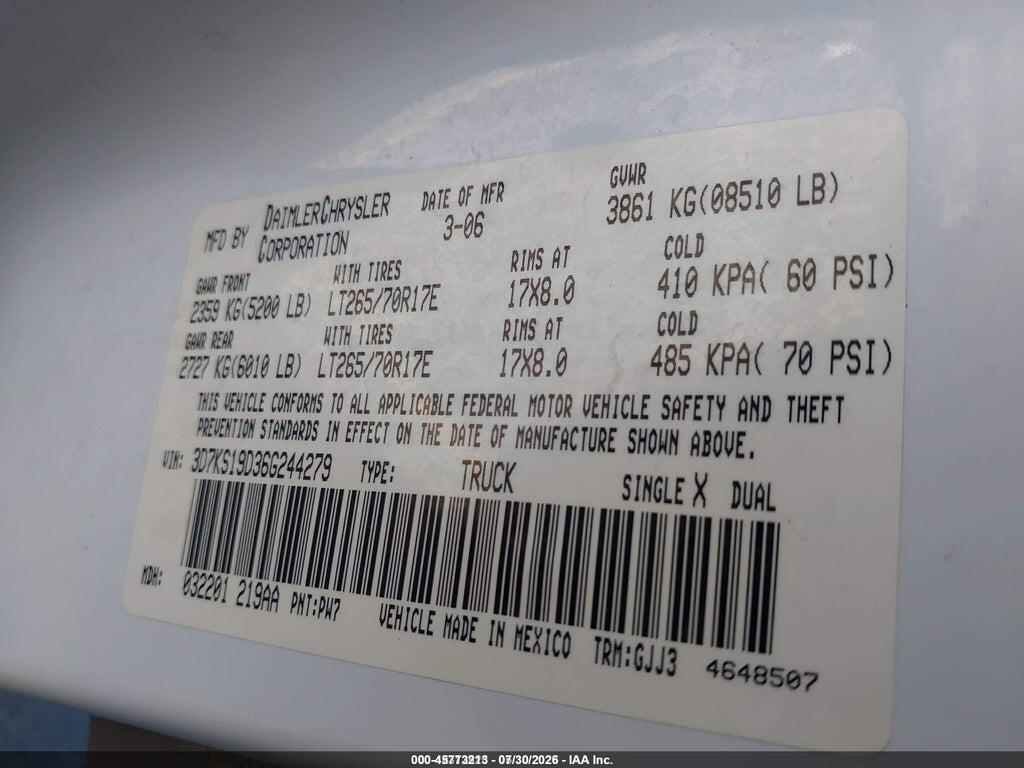 3D7KS19D36G244279 2006 DODGE RAM 1500 photo no. 9