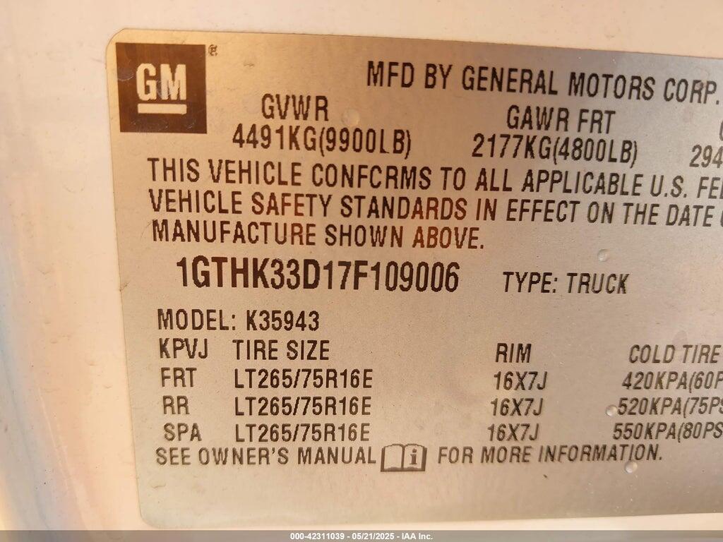 1GTHK33D17F109006 2007 GMC SIERRA 3500 CLASSIC photo no. 9