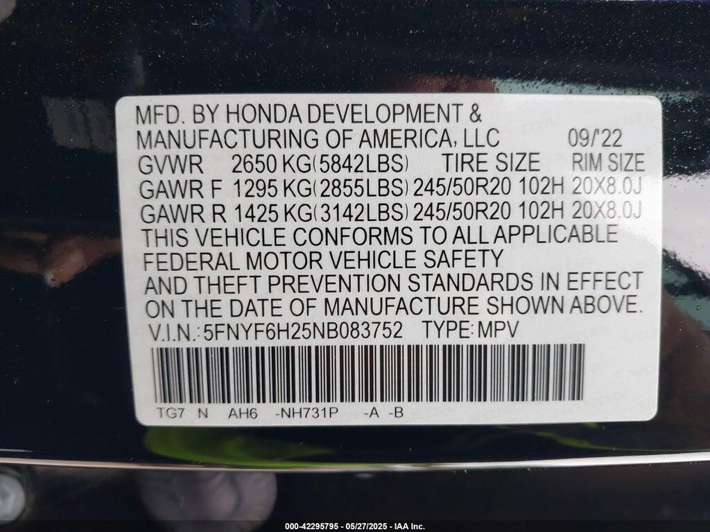 5FNYF6H25NB083752 2022 HONDA PILOT photo no. 9