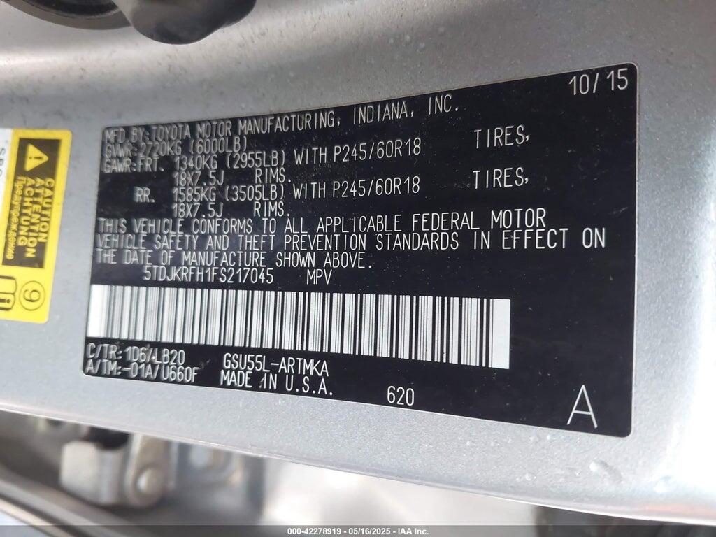 5TDJKRFH1FS217045 2015 TOYOTA HIGHLANDER photo no. 9
