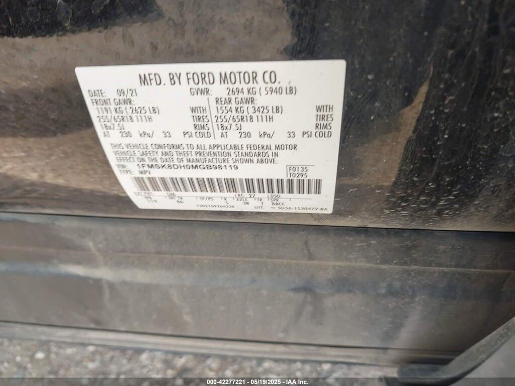 1FMSK8DH0MGB98119 2021 FORD EXPLORER photo no. 9