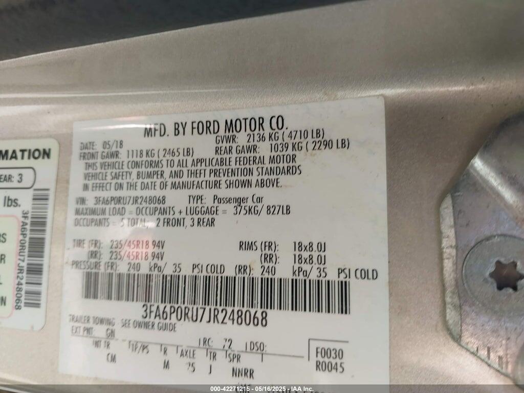 3FA6P0RU7JR248068 2018 FORD FUSION HYBRID photo no. 9