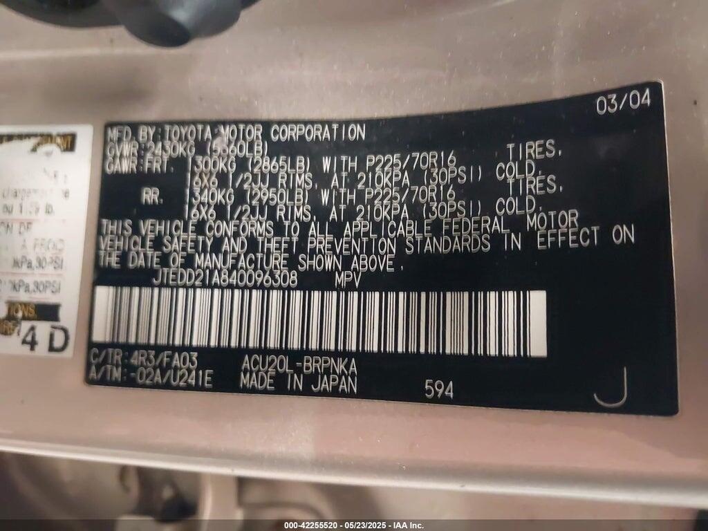 JTEDD21A840096308 2004 TOYOTA HIGHLANDER photo no. 9
