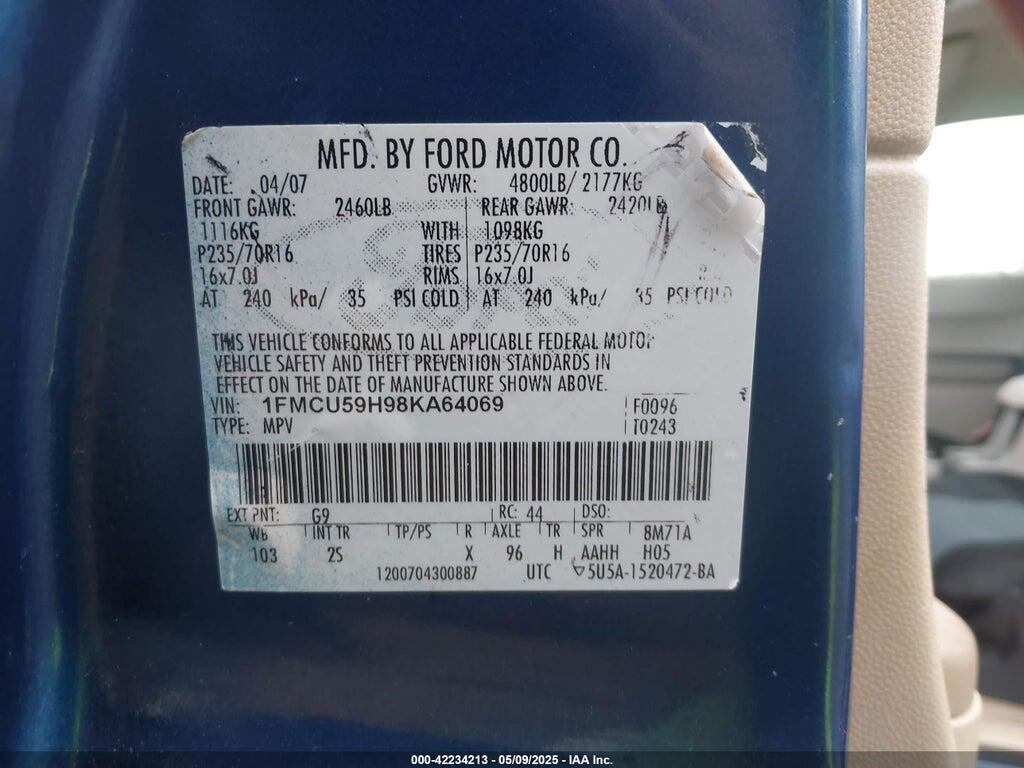1FMCU93158KE03395 2008 FORD ESCAPE photo no. 9