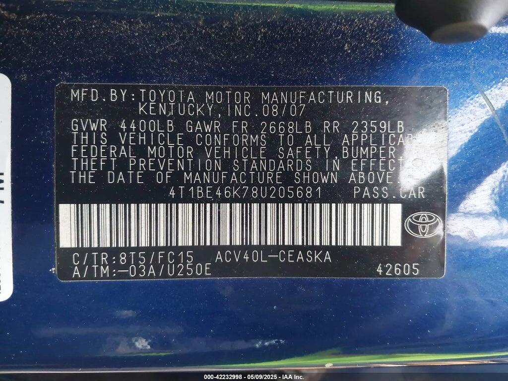 4T1BE46K78U205681 2008 TOYOTA CAMRY photo no. 9