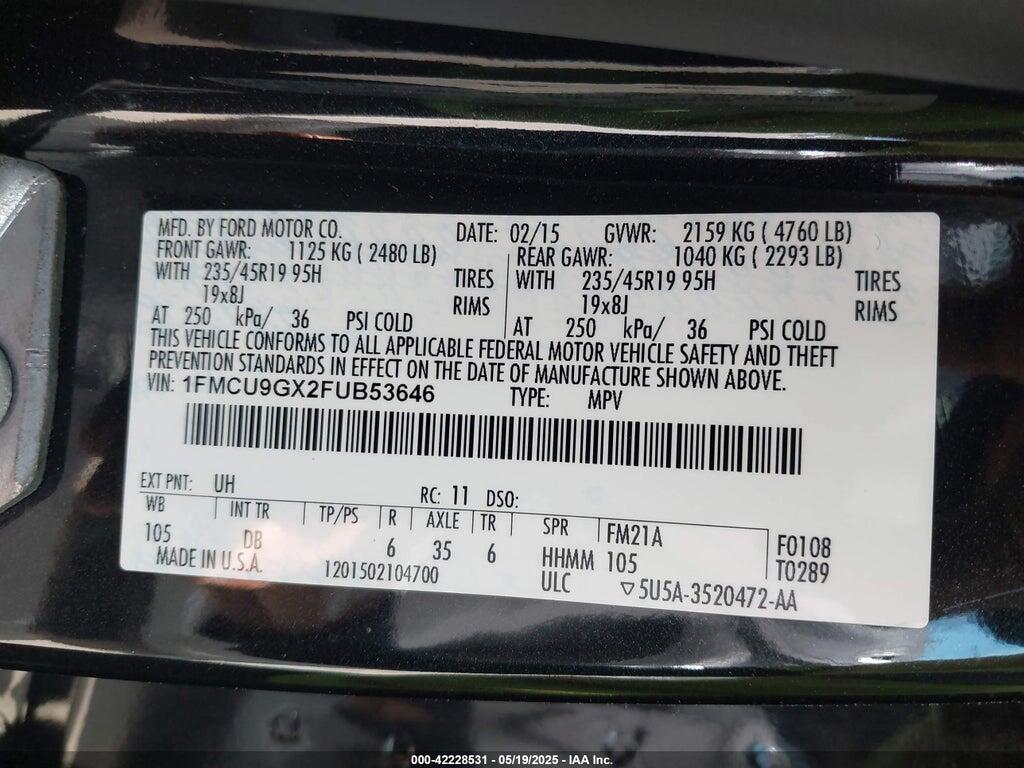 1FMCU9GX2FUB53646 2015 FORD ESCAPE photo no. 9