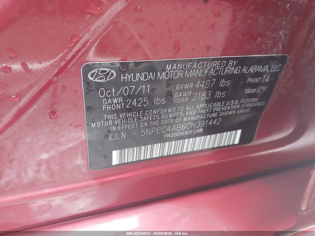 5NPEC4AB6CH391442 2012 HYUNDAI SONATA photo no. 9